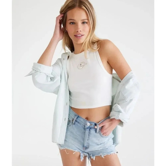 Aeropostale High-Rise Cheeky Shorts Shorty Denim Sz 2 Light Blue Distressed Y2K - Picture 1 of 7